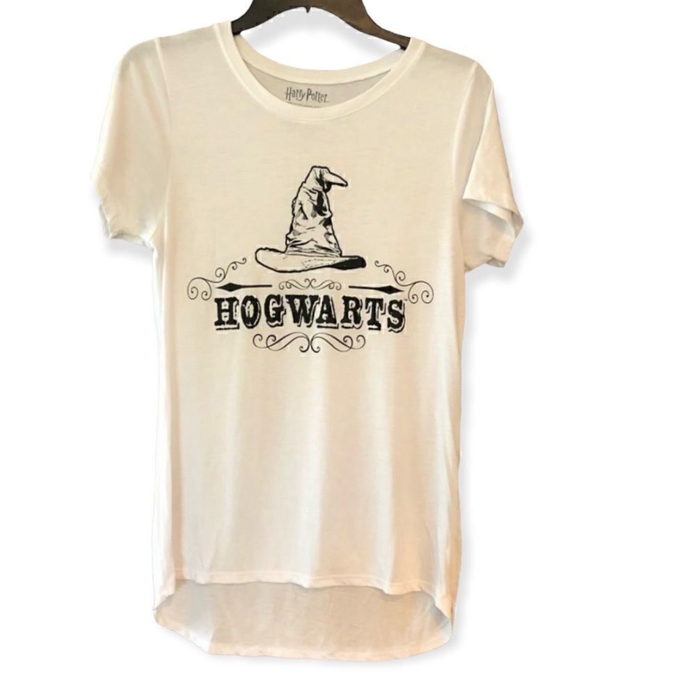 Harry Potter Sz L White Graphic Hogwarts Mystic Hat Short Sleeve Jersey T-Shirt